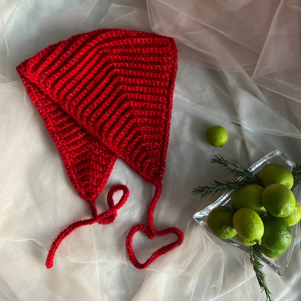 Red Crochet Bonnet with Gold Lurex - Handmade Mohair and Acrylic
